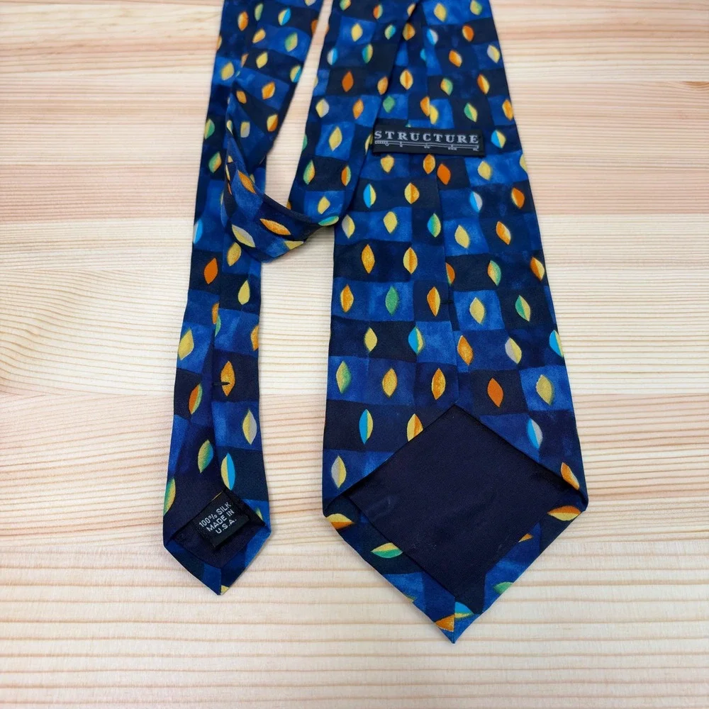 VTG STRUCTURE Silk Tie Men‎ Blue Geometric Leaf Check USA Made Abstract Colorful